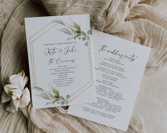 May include: A wedding ceremony programme with a gold geometric frame and greenery accents. The programme lists the order of events for the ceremony, including the seating of the families, processional, and recessional. It also includes the names of the wedding party members, such as the maid of honour, best man, bridesmaids, and groomsmen.