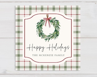 Christmas Plaid Wreath Gift Tags, Happy Holidays Tag, Printable Christmas Tag, Holiday Tag, Holiday, Gift Label, Wreath Tag, Christmas Plaid