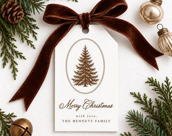 Editable Christmas Gift Tag Template, Brown Christmas Tree, Holiday Tag, Printable Holiday Tags, Vintage Gift Tag, Brown gift Tag