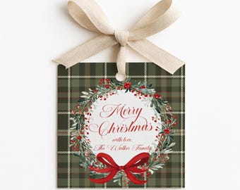 Christmas Plaid Wreath Gift Tags, DIY Photo Tag, Printable Christmas Tag, Holiday Tag, Holiday Photo Gift Label, Wreath Tag, Christmas Plaid