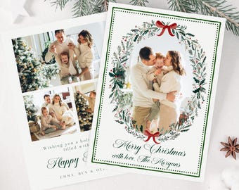 May include: Christmas cards featuring family photos. One card has a wreath design with a family photo and the text "Merry Christmas with love The Morgan's". The other card has multiple family photos and the text "Wishing you a holiday filled with Happy Emma, Ben & Oli".