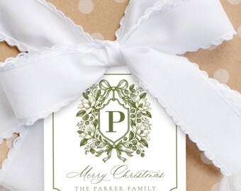 Monogram Christmas Gift Tag Template, Green Floral Crest & Bow, Personalized Printable Holiday Tags, Grandmillennial Christmas