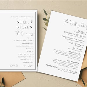Pu&ograve; includere: Un programma per una cerimonia di matrimonio con i nomi Noel e Steven stampati in nero. Il programma elenca l'ordine degli eventi della cerimonia, tra cui il preludio, il posizionamento delle famiglie, la processione, la processione nuziale, il benvenuto, la lettura, lo scambio dei voti, lo scambio delle fedi, la dichiarazione e l'uscita. Un foglio separato elenca la festa di matrimonio, tra cui l'officiante, i genitori della sposa e dello sposo, la damigella d'onore, il testimone, le damigelle d'onore e gli testimoni.