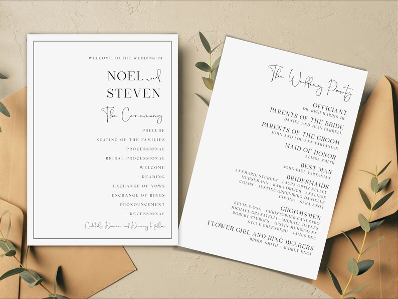 Pu&ograve; includere: Un programma per una cerimonia di matrimonio con i nomi Noel e Steven stampati in nero. Il programma elenca l'ordine degli eventi della cerimonia, tra cui il preludio, il posizionamento delle famiglie, la processione, la processione nuziale, il benvenuto, la lettura, lo scambio dei voti, lo scambio delle fedi, la dichiarazione e l'uscita. Un foglio separato elenca la festa di matrimonio, tra cui l'officiante, i genitori della sposa e dello sposo, la damigella d'onore, il testimone, le damigelle d'onore e gli testimoni.