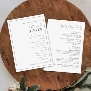 Pu&ograve; includere: Un programma per una cerimonia di matrimonio con i nomi Noel e Steven stampati sulla copertina. Il retro del programma elenca la festa di matrimonio, tra cui l'ufficiante, i genitori della sposa e dello sposo, la damigella d'onore, il testimone, le damigelle d'onore, i testimoni, la damigella d'onore e i portatori di anelli.