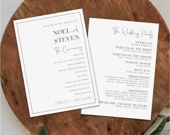 Peut inclure: Un programme de cérémonie de mariage avec les noms Noel et Steven imprimés sur le devant. Le dos du programme liste la fête de mariage, y compris l'officiant, les parents de la mariée et du marié, la demoiselle d'honneur, le témoin, les demoiselles d'honneur, les garçons d'honneur, la demoiselle d'honneur et les porteurs d'alliances.