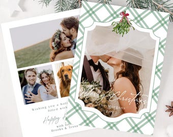 May include: Two Christmas cards with photos and text. One card has a green plaid border and a photo of a couple kissing under mistletoe. The other card has multiple photos and the text "Wishing you a holiday filled with Happy Holidays with love, Brooks & Tessa."