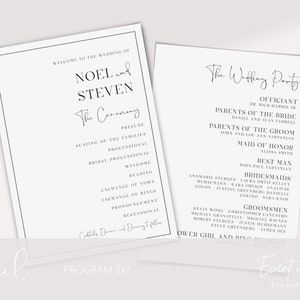 Pu&ograve; includere: Un programma di matrimonio con un bordo nero e testo bianco. Il programma elenca l'ordine degli eventi per la cerimonia di matrimonio di Noel e Steven. Il programma elenca anche i nomi dei membri della festa di nozze, tra cui l'ufficiante, i genitori della sposa e dello sposo, la damigella d'onore, il testimone, le damigelle d'onore e gli uomini d'onore.