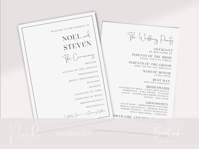 Pu&ograve; includere: Un programma di matrimonio con un bordo nero e testo bianco. Il programma elenca l'ordine degli eventi per la cerimonia di matrimonio di Noel e Steven. Il programma elenca anche i nomi dei membri della festa di nozze, tra cui l'ufficiante, i genitori della sposa e dello sposo, la damigella d'onore, il testimone, le damigelle d'onore e gli uomini d'onore.
