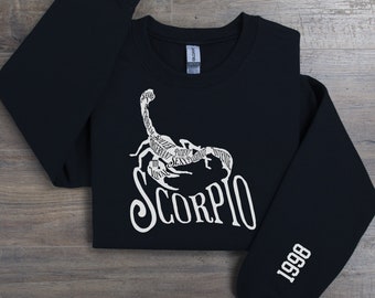 Personalize Scorpio Birth Year Zodiac Sweater, Casual Chic Star Sign Sweatshirt, Fall Winter Pullover, Vintage Style Astrology Lover Gift