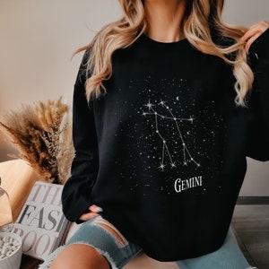 Unisex Géminis Star Sign Zodiac Celestial Sudadera ultra cómoda, Astrología Astro Vintage Suéter, Elegante Top Chic, Regalo de Cumpleaños único