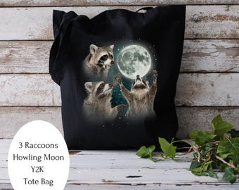 Bolso de mano de tres mapaches, bolso amante de los mapaches, tote de la luna del mapache, tote amante de la basura, bolso de hombro duradero, regalo de mapache retro, bolsa de mapaches divertidos