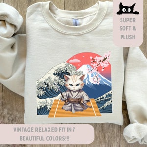 Samurai Cat Sweatshirt, Cat Ninja Sweater, Japanese Art Sweatshirt, Vintage Cat Hoodie, Kitty Lover Gift, Cat Anime Shirt, Feline Fanatic