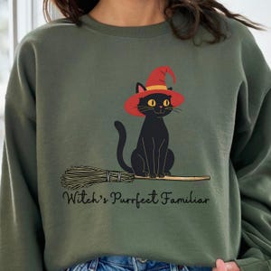 May include: An olive green sweatshirt with a black cat wearing a red witch's hat, perched on a broom. The text "Witch's Purrfect Familiar" is written below. A Halloween-themed design.