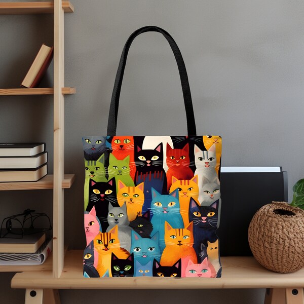 Cats Canvas Tote Bag, Colorful All Over Print Shoulder Bag, Cat Lovers Perfect Gift, Book Grocery Bag With Kitty, Meow Chic Stylish