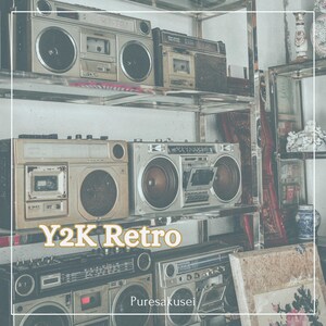 May include: A shelf filled with vintage cassette players and boomboxes. The players are silver, black, and beige. The shelf is made of metal and has a silver finish. The text "Y2K Retro" is written in yellow on a black background. The text "Puresakusei" is written in white on a black background.