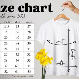 May include: Size chart for Bella Canvas 3001 t-shirts, showing measurements in inches for width, chest, and length for sizes XS to 5XL.
