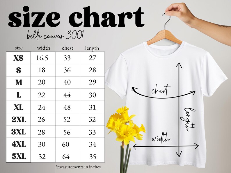 May include: Size chart for Bella Canvas 3001 t-shirts, showing measurements in inches for width, chest, and length for sizes XS to 5XL.