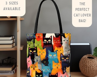 Cats Canvas Tote Bag, Colorful All Over Print Shoulder Bag, Cat Lovers Perfect Gift, Book Grocery Bag With Kitty, Meow Chic Stylish