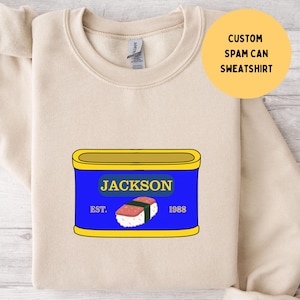Custom Spam Can Sweatshirt, Y2K Retro Musubi Sweater, Japan Hawaii Foodie Crewneck, Warm Cozy Vintage, Unisex Gift, Personalize Food Shirt