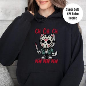 Slasher Jason Horror Katze Hoodie, Halloween Kapuzen-Sweatshirt, Y2K Süßes oder Saures Rundhalsausschnitt, Scary Movie Film Fan Geschenk, Gruselsaison