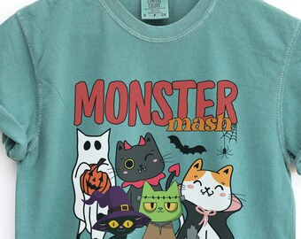 Monster Mash Cats Vintage T-Shirt, Y2K Retro Halloween Tee, Feline Lover Tshirt, Cute Adorable Shirt, Vampire Witch Ghost Devil Frankinstein