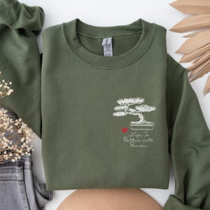 Custom Life Is Better With Bonsai Sweatshirt, Y2K Retro Tree Sweater, Plantlady Gift, Gardener Present, Personalize Sleeve, Cute Minimal