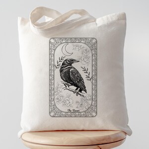 Borsa tote vintage con la carta dei tarocchi del corvo, borsa della spesa Witchcore, amante del corvo, uccello Goblincore, borsa a tracolla resistente, regalo Wicca di Dark Academia