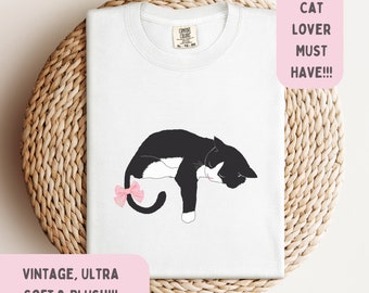 T-shirt Black Cat Coquette, T-shirt roze strik, oversized T-shirt, cadeau leuk kitten, T-shirt kattenliefhebber jaren 90 stijl, Pinterest esthetiek