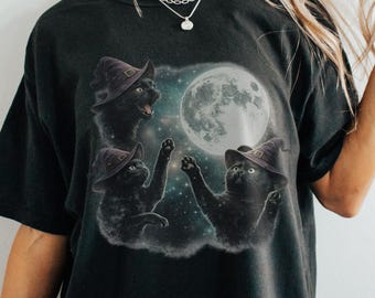 Black Cats Witch Hats Full Moon Halloween Shirt, Three Whimsical Felines Tee