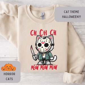 Horror Katzen Slasher Jason Sweatshirt, Y2K 90 Retro Scary Movie Pullover, Killermovie langarm Crewneck, Süßes oder Saures Pullover, Halloween
