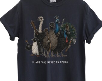 Flightless Birds Graphic Tee, Armed Ostrich Penguin Shirt, Funny Animal Humor T-Shirt