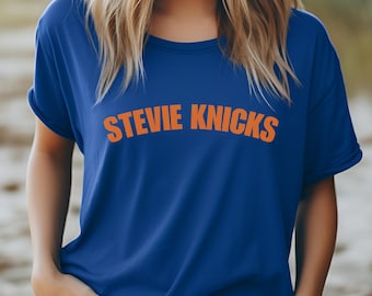 Stevie Basketball Tee | Blue T-shirt with Orange Arch Text