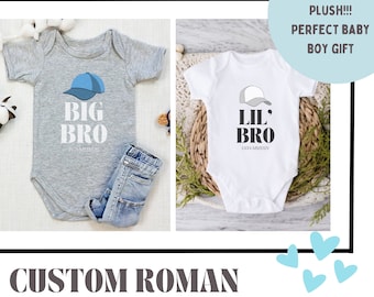 Personaliseerbaar babypakje. Big Bro Lil' Bro Romper, schattige peuter bijpassende outfits voor babybroers. Pas de Romeinse cijfers voor verjaardagen aan