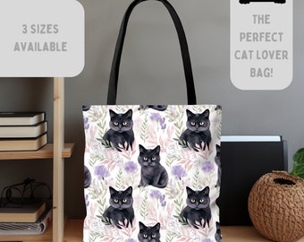 Black Cat Tote Bag, AOP Cat Bag, Cat Lover Gift, Durable Grocery Bag, All Over Print Kitten Tote, Reusable Cat Tote, Pastel Color Kitty Gift
