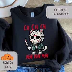 Horror Katzen Slasher Jason Sweatshirt, Y2K 90 Retro Scary Movie Pullover, Killermovie langarm Crewneck, Süßes oder Saures Pullover, Halloween