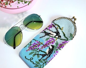 Case for glasses Small blue phone bag with birds Sunglasses case with kiss clasp Beaded glasses wallet Case for glasses roses Unique gift