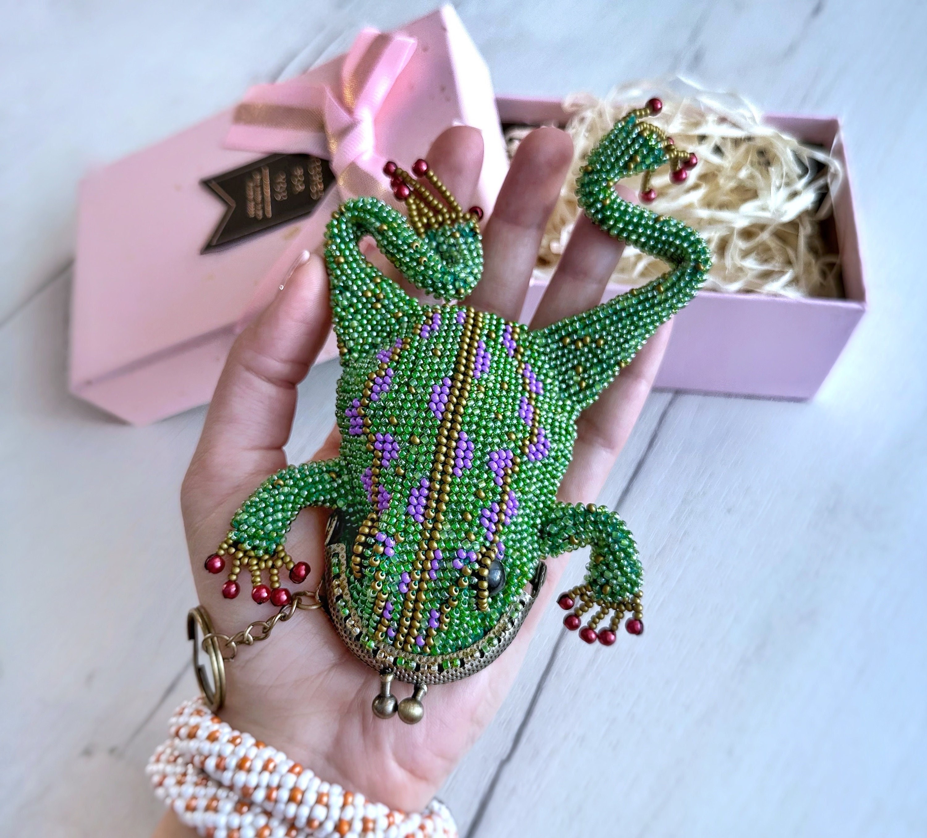 FrankaJewelry Knitted Beaded Keychain Braided Green Purple Violet Natural Beaded Frog Cute Souvenir Key Ring Toad Accessory Coin Purse
