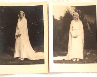 2 antieke trouwfoto's van een flapperbruid uit de jaren 1920.