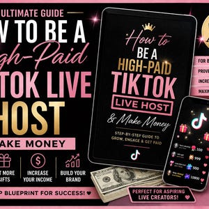 Könnte beinhalten: Werbebild in Schwarz und Rosa, das einen Leitfaden zur Erstellung eines hochbezahlten TikTok Live-Hosts bewirbt. Das Bild zeigt ein Tablet und ein Smartphone, die den Leitfaden anzeigen, sowie Bargeld und Geschenkboxen. Der Text enthält "Steigern Sie Ihr Publikum" und "Geld verdienen".