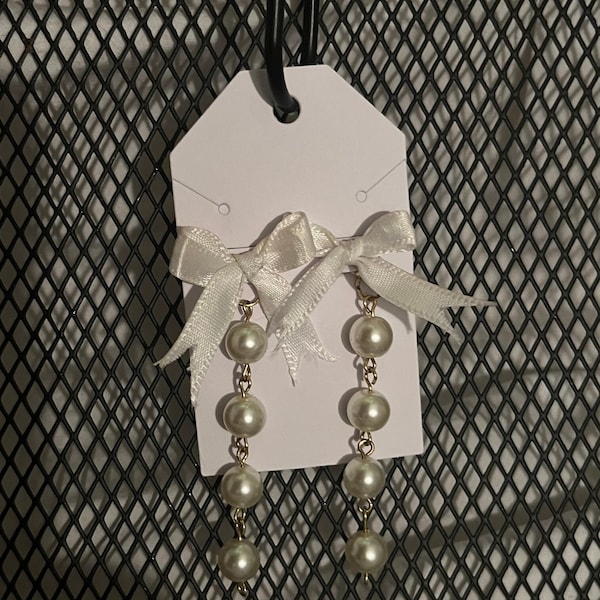 Gold Pearl Earrings with White Ribbon Bow