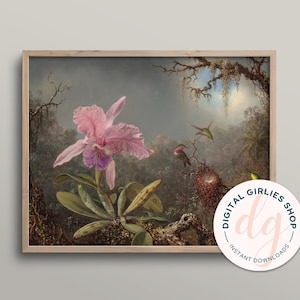 PRINTABLE Orchid and hummingbird Art | Martin Johnson Heade: Cattleya Orchid and Three Hummingbirds, 1871 | Vintage Floral Bird Art