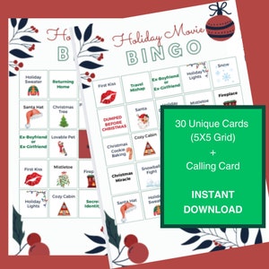 Holiday Movie Bingo, Countdown to Christmas, Hallmark Christmas Movie Bingo, Digital Download, Bingo Games, Printable Games, 30 unique cards