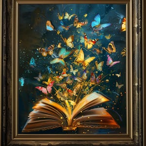 Fantasy Books & Butterflies Art Print: Dark Academia Library Decor