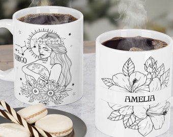 Personalized Zodiac Mug: Whimsical Floral Astrology Coffee Cup