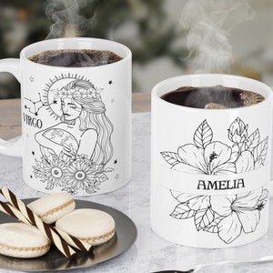 Taza personalizada del zodiaco: Taza de café con diseño floral y astrológico