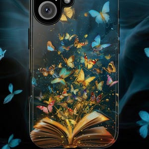Custodia per telefono a forma di farfalla, cover per telefono a tema letterario, regalo per gli amanti dei libri fantasy, iPhone con MagSafe, Google Pixel, Samsung S25, decorazioni Dark Academia