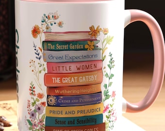 Custom Book Stack Floral mug, Personalized book coffee cup, Gift for Bookworm Readers, Bookish Merch for Librarian Teacher Mum Birthday Gift