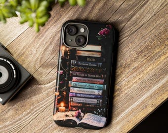 Personalized Favorite Book Phone case, Custom Bookshelf Dark Academia Bookish Phone Cover Purple IPhone 16 Pro Samsung Gift Romantasy Lover
