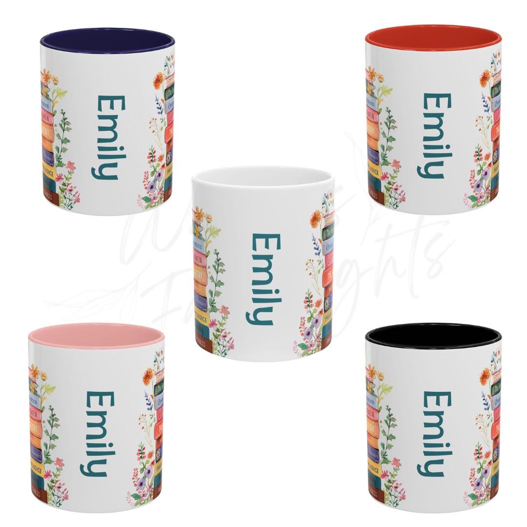 Custom Book Stack Floral Mug, Personalized Book Coffee Cup, Gift for ...